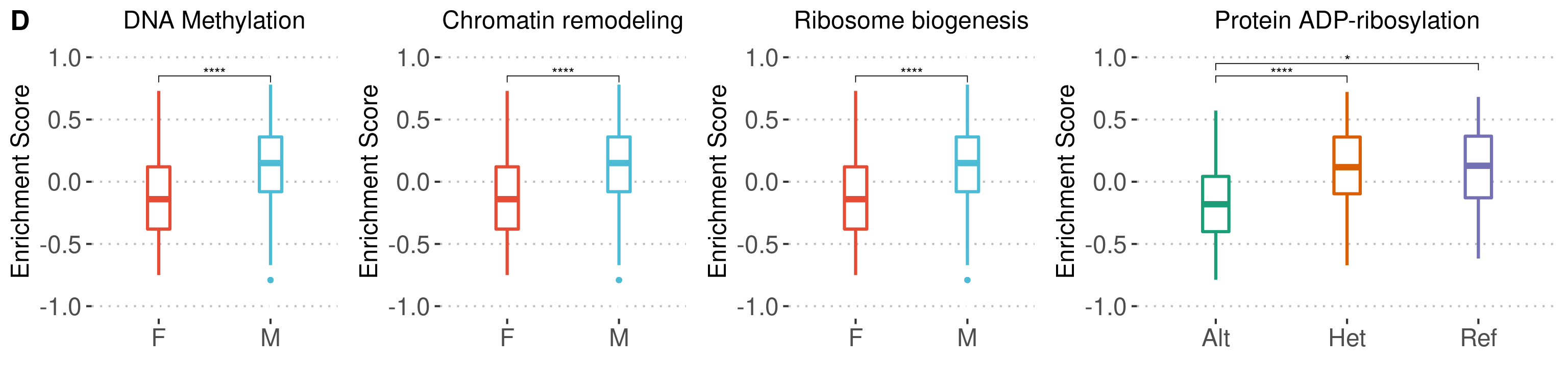Figure 1D: Enrichment scores obtained from GSVA for Gene Ontology Biological Processes (GO:BP) showing significant differences between mESCs with different sexes and genotypes at the Lifr locus are plotted. GO:BP DNA methylation, chromatin remodeling and ribosome biogenesis show significantly higher enrichment in males in comparison to females and, protein ADP-ribosylation shows significantly higher enrichment in mESCs with at least one copy of the reference allele in comparison to ones carrying two copies of the alternative allele at the *Lifr* locus (two-way anova followed by Tukey’s HSD, `*: p value < 0.05, ****: p value < 0.00005`).